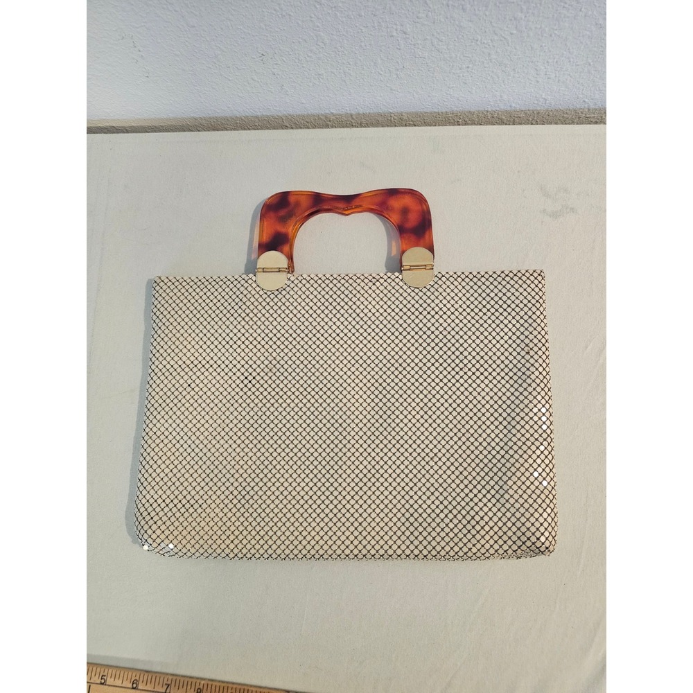Whiting & Davis Handbag Cream Metal Mesh Tortoise Shell Handle Vintage